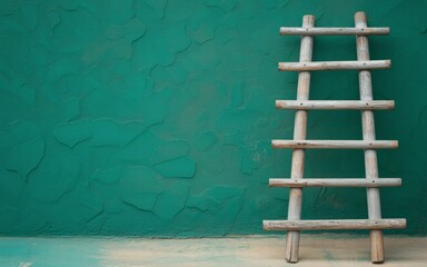 A simple, rustic wooden ladder leans against a textured wall painted in a deep teal green color. 