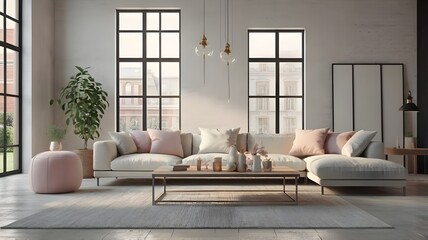 Beautiful and large living room interior with hardwood floors, fluffy rug and designer furniture. Modern mid century and minimalist interior of living room 