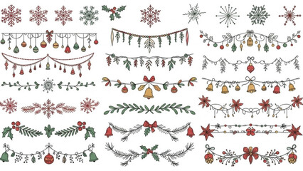 Collection of hand-drawn Christmas garlands and snowflakes festive decorative elements for holiday design isolated on whit