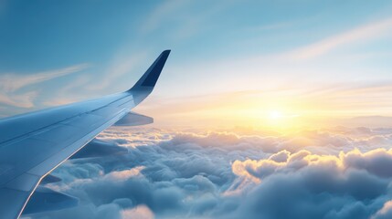 Plane wing soars above fluffy white clouds view from aircraft shows wingtip over vast cloud expanse