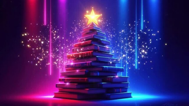 A stack of books creatively arranged into the shape of a Christmas tree with a glowing star on top, surrounded by neon lights.