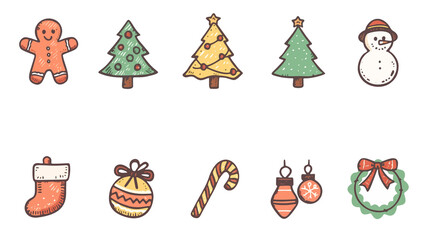 Fototapeta premium A collection of hand-drawn Christmas icons including decorations, treats, and festive symbols on a white background