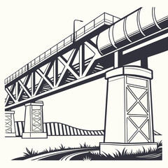 Industrial bridge with pipeline on truss structure over road