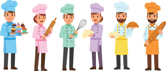 Colorful cartoon chef characters set, professional bakers and cooks holding tools, flat vector illustration for restaurant, bakery, food branding projects