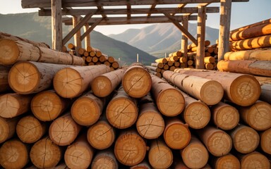 Massive stacks of freshly cut timber logs are organized neatly in an expansive outdoor lumber yard.