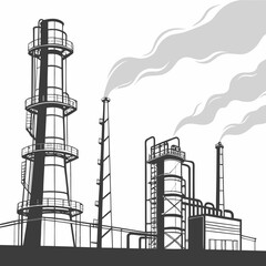 Refinery towers with angled smoke trajectories industrial