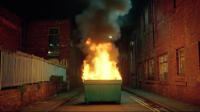 A flaming dumpster in a dark urban alley at night, conveying chaos.