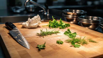 Ultra-realistic photo of a chef’s workstation after service, used cutting board with knife marks, fresh herbs scattered, soft warm kitchen light, authentic restaurant atmosphere
