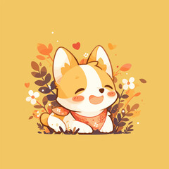 Adorable Happy Corgi Puppy Surrounded by Autumn Leaves and Flowers.