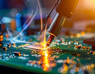 Close-up of circuit board being repaired with soldering iron