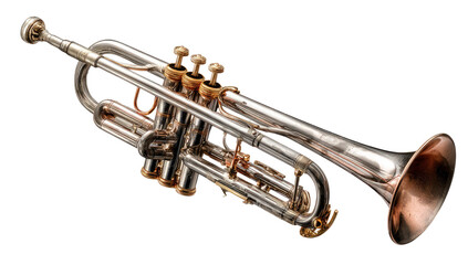 Obraz premium Silver trumpet with brass valves and a flared bell, a classic orchestral instrument isolated on transparent background