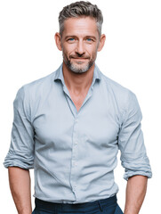 a photo of an attractive middle-aged man with short hair and blue eyes, wearing navy pants and a light blue dress shirt with the sleeves rolled up, in his luxurious office. transparent background.