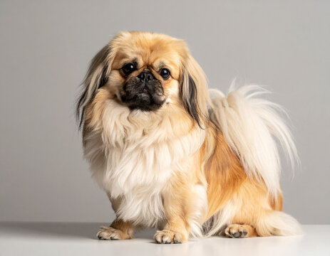 Close up pekingese dog face with fluffy coat and calm expression