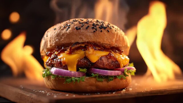 Juicy burger with melted cheese, onions, and lettuce placed on a wooden board with flames in the background during a grilling session