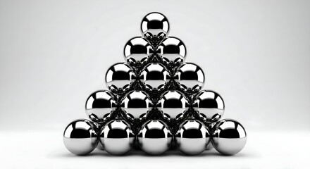 A pyramid chart made of perfectly balanced, smooth, polished chrome spheres stacked precariously high.