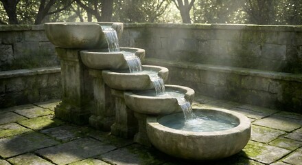 A waterfall chart where streams of clean, clear liquid pour from elevated stone basins into lower ones.