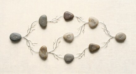 A process flow diagram made of smooth, polished river stones connected by delicate, winding silver roots.