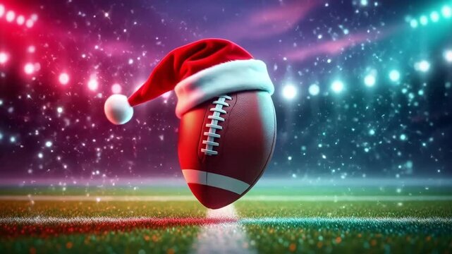 American football wearing Santa hat floating over stadium field. Christmas sports season and festive holiday game concept. New year competition graphic.