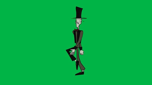 Tall thin figure in black suit and top hat walking confidently on green screen chromakey background. Great for 2d animated cartoon animation mystery, elegance, or spooky characters.