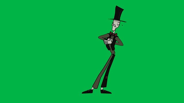 Mysterious figure in top hat smoking pipe while walking on green screen chromakey background. Suitable for 2d animated cartoon animation detective, vintage, or enigmatic scenes.