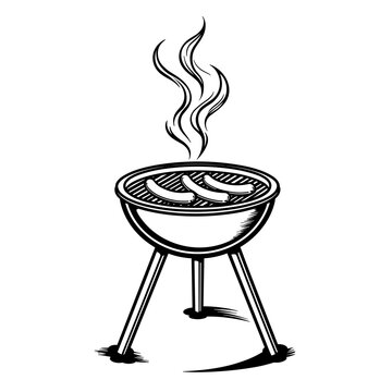 Barbecue grill with sausages and smoke in line art style, outdoor cooking and summer picnic illustration