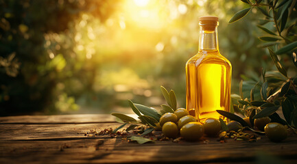 Olives and oil on wood at sunset, created with AI