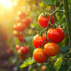Close-up of ripe, juicy tomatoes growing on vines in sunlight