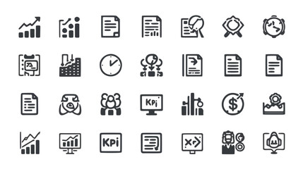 Collection of business and finance icons representing data analysis and performance metrics in a grid layout