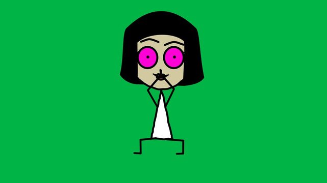 Cute stick figure girl with big eyes standing shyly on green screen chromakey background. Perfect for 2d animated cartoon animation innocence, timidity, or simple character expressions.