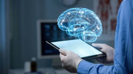Virtual brain interface on tablet in medical environment setting.