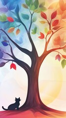 Fototapeta premium Cat sits under leafy tree feline rests peacefully under tree s green leaves cat - feline rests peacefully under tree s green leaves