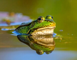 Obraz premium Close-up of green frog in water with reflection, vibrant colors