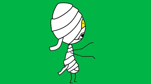 Funny mummy character with bandages walking awkwardly on green screen chromakey background. Ideal for 2d animated cartoon animation Halloween, horror comedy, or Egyptian themes.