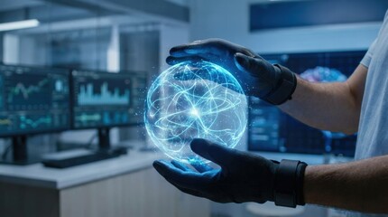 Futuristic technology concept with glowing data sphere in hands.