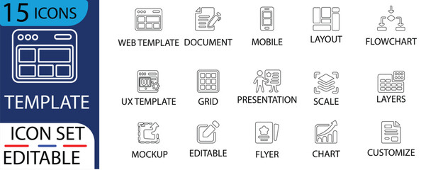 Template icon set. Layout, flowchart, diagram, form, wire frame, table, grid, editable, layers and more.  and more. Outline vector icons collection.