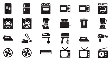 Black Home Appliance Icons on White Background