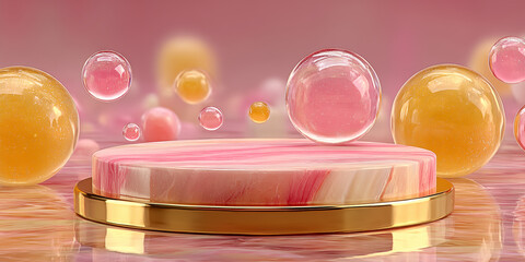 Abstract luxury 3D scene featuring a round marble podium in soft pink and peach tones, surrounded by floating glossy spheres. Elegant pastel colors and reflective surfaces create a premium