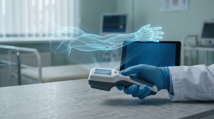 Futuristic medical device scanning a holographic arm representation.