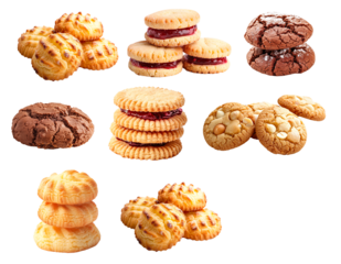 Collection of different cookies and biscuits including chocolate chip, sandwich, square and round types isolated on white background.