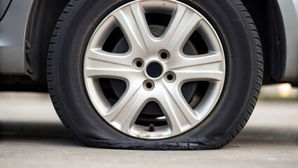 Obraz premium Close-up of a flat, punctured car tire resting on a concrete surface, indicating a breakdown
