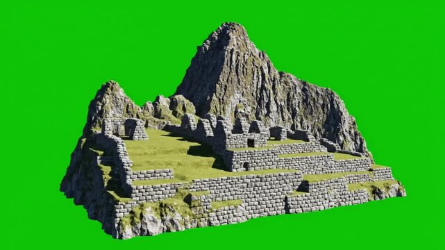 3D illustration of Machu Picchu ruins on a green screen background