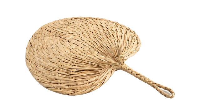 Woven palm leaf hand fan isolated on transparent background for cooling and decor