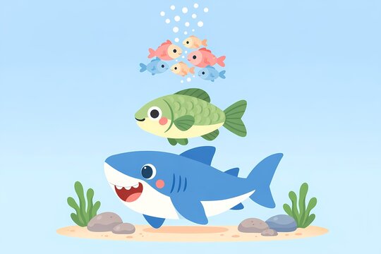 A fairy tale style illustration showing the food chain from small fish to top predators.