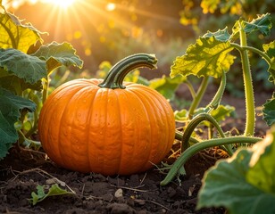Obraz premium Close-up of a vibrant orange pumpkin in a field with sunlit backdrop