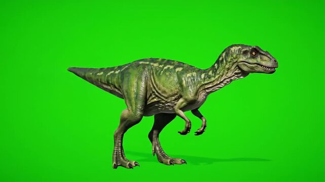A green dinosaur toy walking on a bright green background with a playful mood.