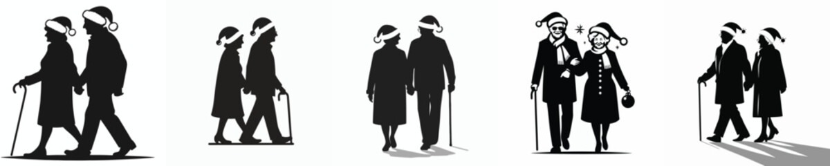 vector silhouette of a old couple walking in a Christmas atmosphere