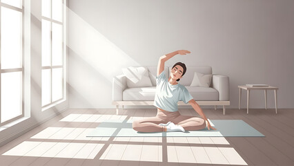 Fototapeta premium A woman practicing yoga in a sunlit room, embracing a healthy lifestyle with indoor exercises