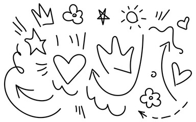 A vibrant collection of whimsical handdrawn doodle elements featuring hearts stars crowns arrows sun flowers and abstract lines perfect for playful designs