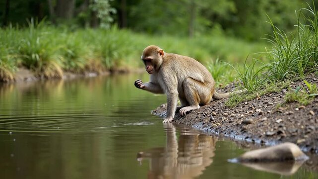 A serene monkey sits by the river, reflecting by the calm water.
