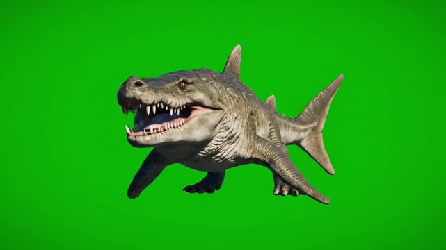 A carnivorous prehistoric shark-like creature with sharp teeth and fins on a green screen background.